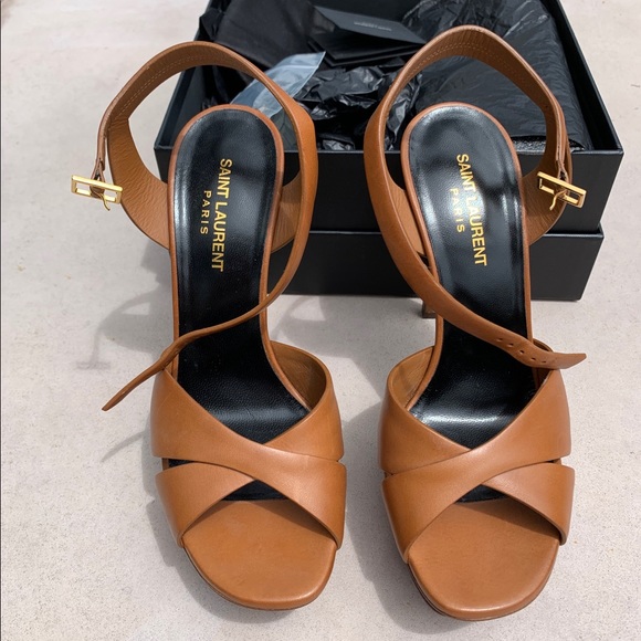 Brand New Saint Laurent Leather Debbie Platform Heels - Caramel Brown 9.5/39 1/2 - Picture 2 of 5